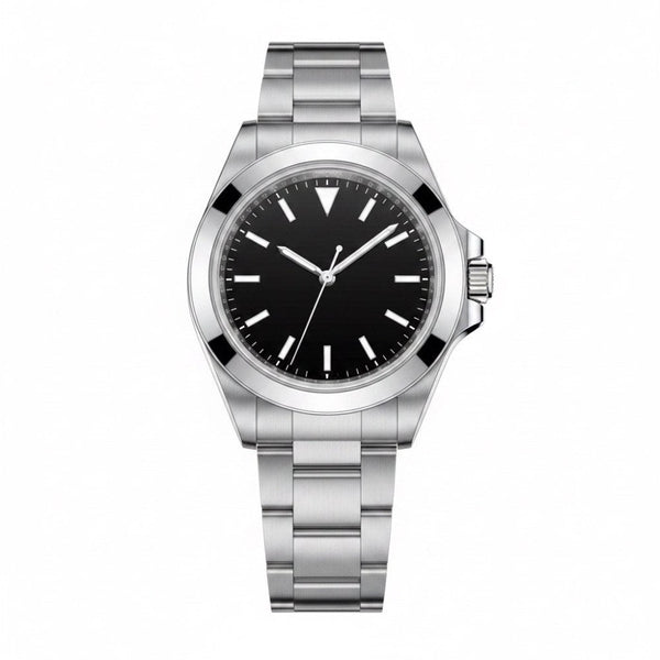 Classic three-hand, polished steel, smooth bezel, black dial with triangle at 12 · SF-02