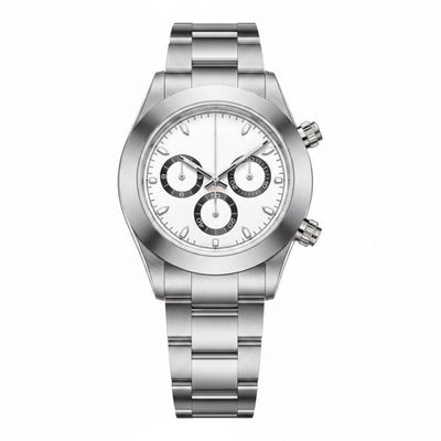Chronograph, steel, white dial with three black-ringed sub-dials · SF-03