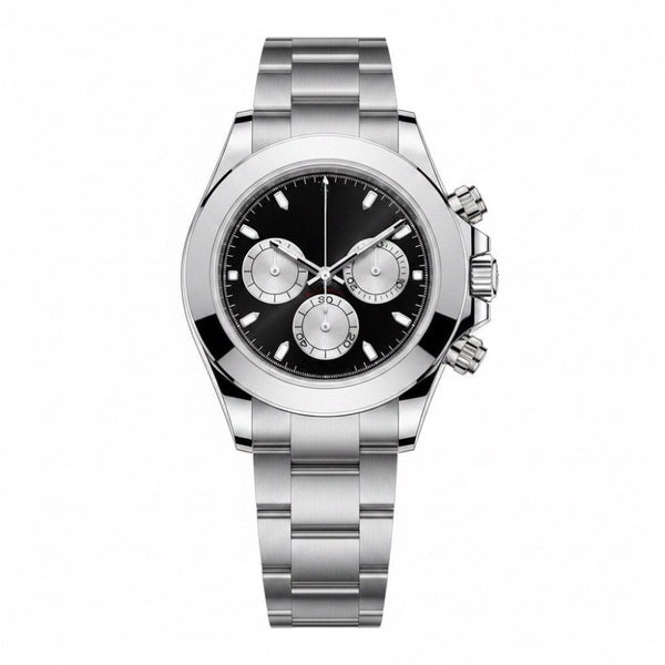 Chronograph, steel, black dial with three silver sub-dials · SF-07