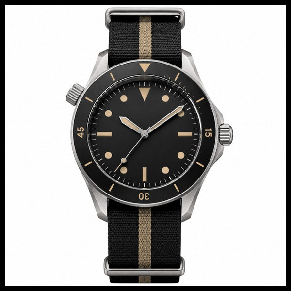 Vintage diver, black dial with cream markers, black NATO strap with beige stripe · SF-22