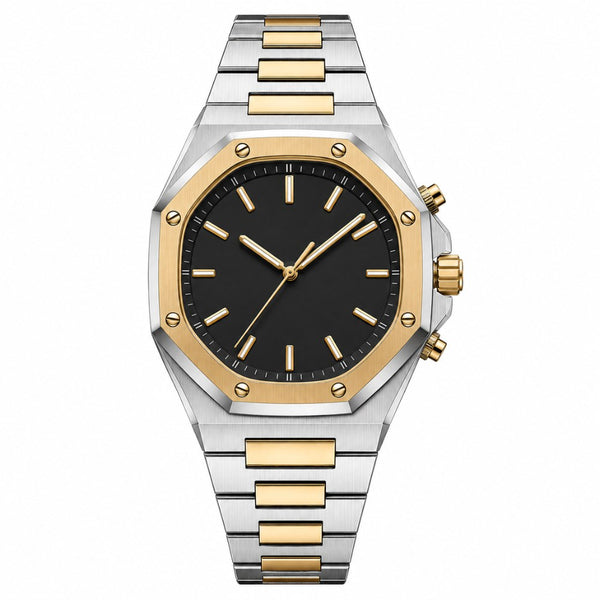 Two-tone, gold octagonal bezel with screws, black dial · SF-37
