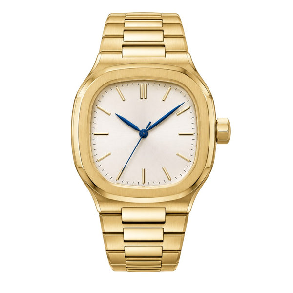 Rounded square, full gold, white dial with blue hands · SF-47