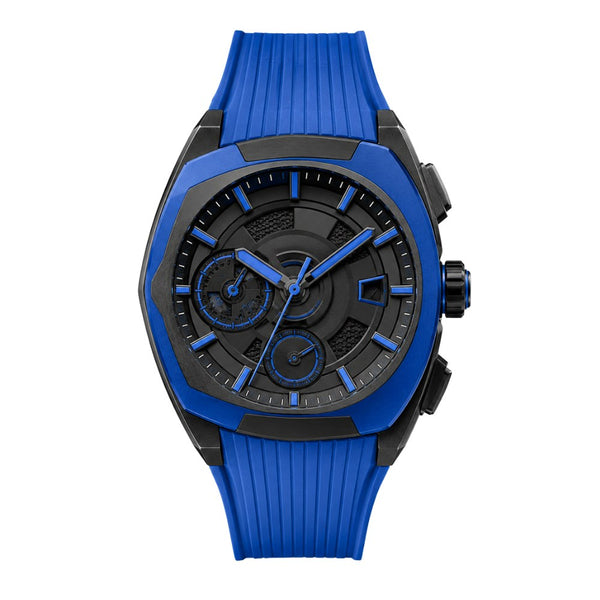 Angular blue and black sport case, skeleton dial with blue accents, blue rubber strap · SF-53