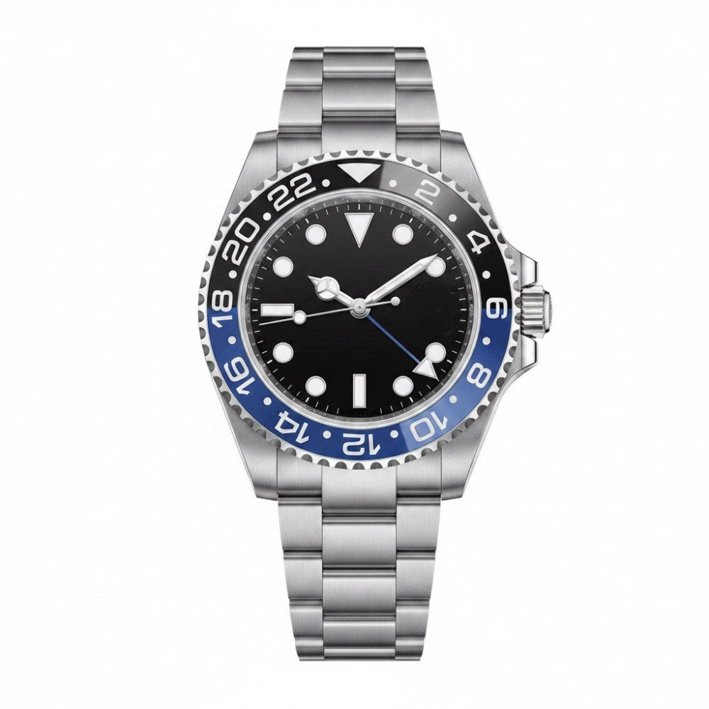 Steel GMT, two-tone black and blue 24-hour bezel, black dial with round markers, blue GMT hand, steel bracelet · SF-01