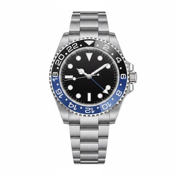 Steel GMT, two-tone black and blue 24-hour bezel, black dial with round markers, blue GMT hand, steel bracelet · SF-01