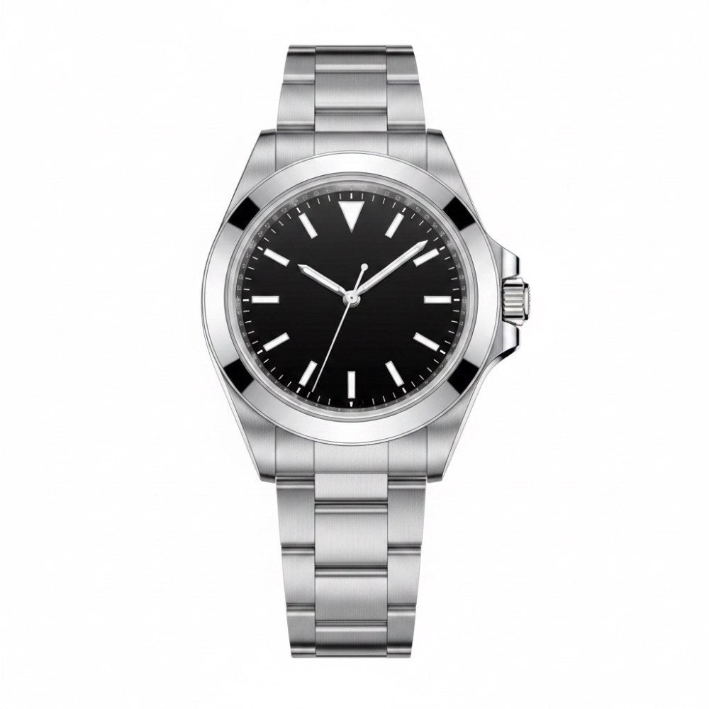 Classic three-hand, polished steel, smooth bezel, black dial with triangle at 12 · SF-02
