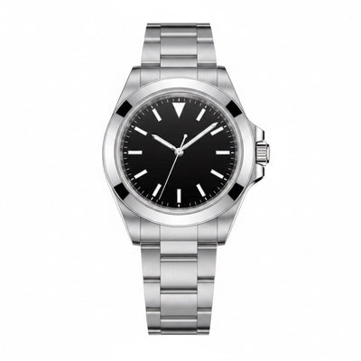 Classic three-hand, polished steel, smooth bezel, black dial with triangle at 12 · SF-02