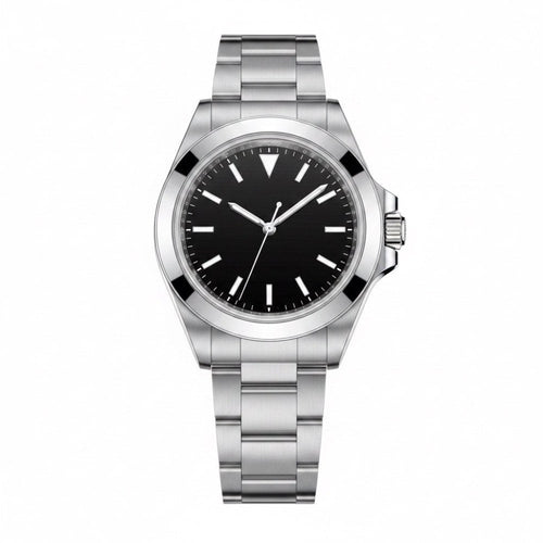 Classic three-hand, polished steel, smooth bezel, black dial with triangle at 12 · SF-02