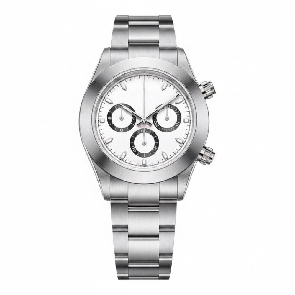 Chronograph, steel, white dial with three black-ringed sub-dials · SF-03