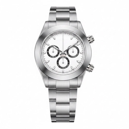 Chronograph, steel, white dial with three black-ringed sub-dials · SF-03