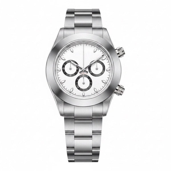 Chronograph, steel, white dial with three black-ringed sub-dials · SF-03