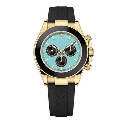 Chronograph, gold case, black bezel, turquoise dial with black sub-dials, black rubber strap · SF-04