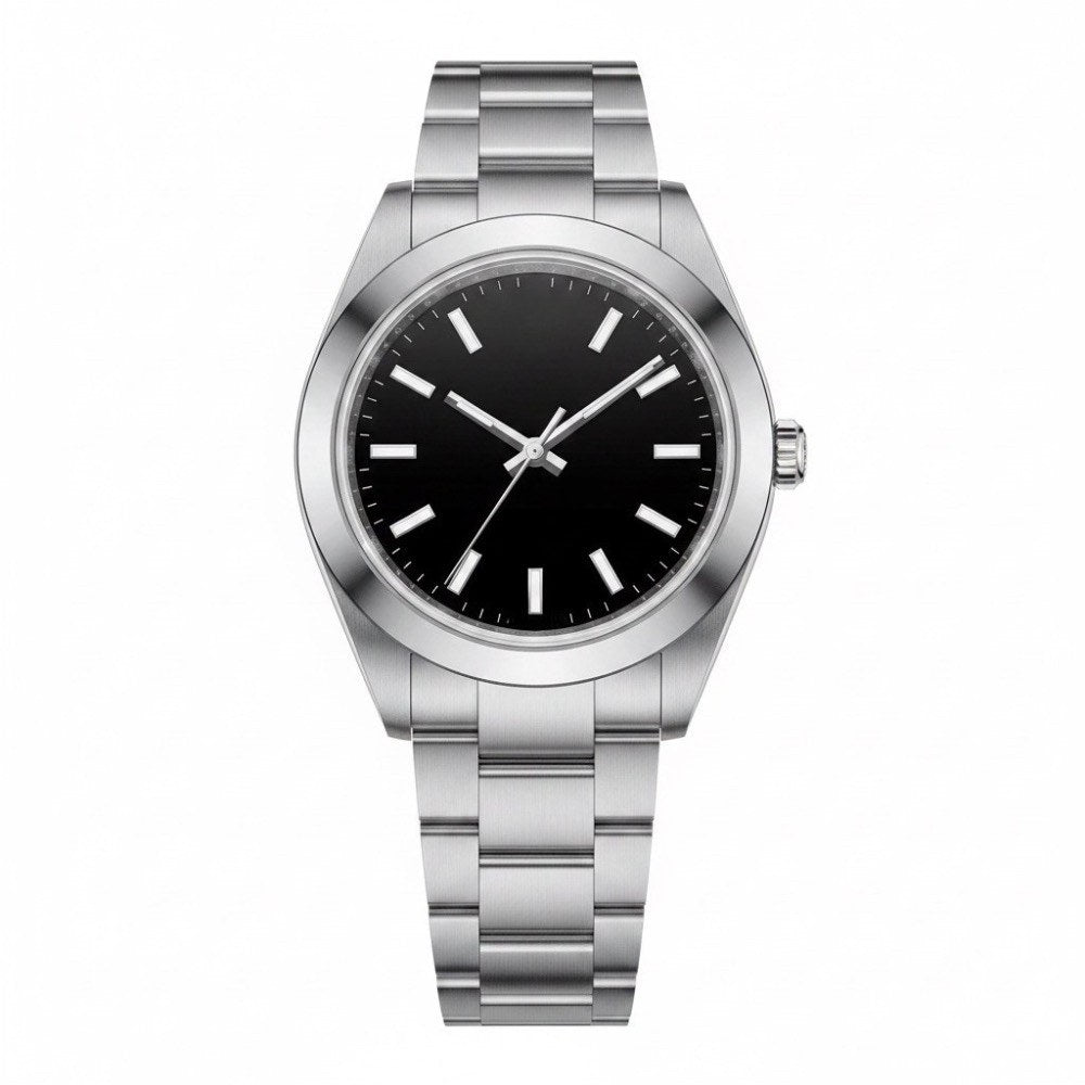 Classic three-hand, steel, plain black dial · SF-05
