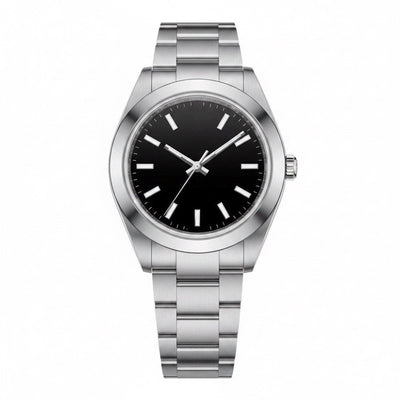 Classic three-hand, steel, plain black dial · SF-05
