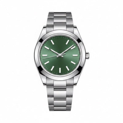 Classic three-hand, steel, green sunburst dial · SF-06
