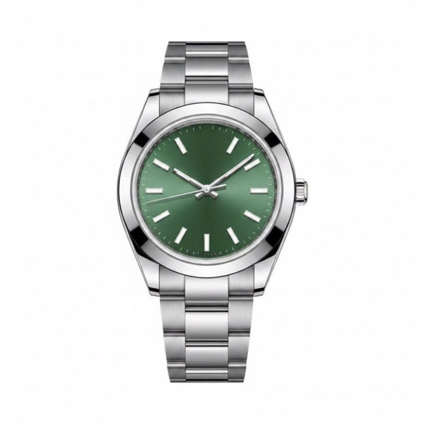 Classic three-hand, steel, green sunburst dial · SF-06