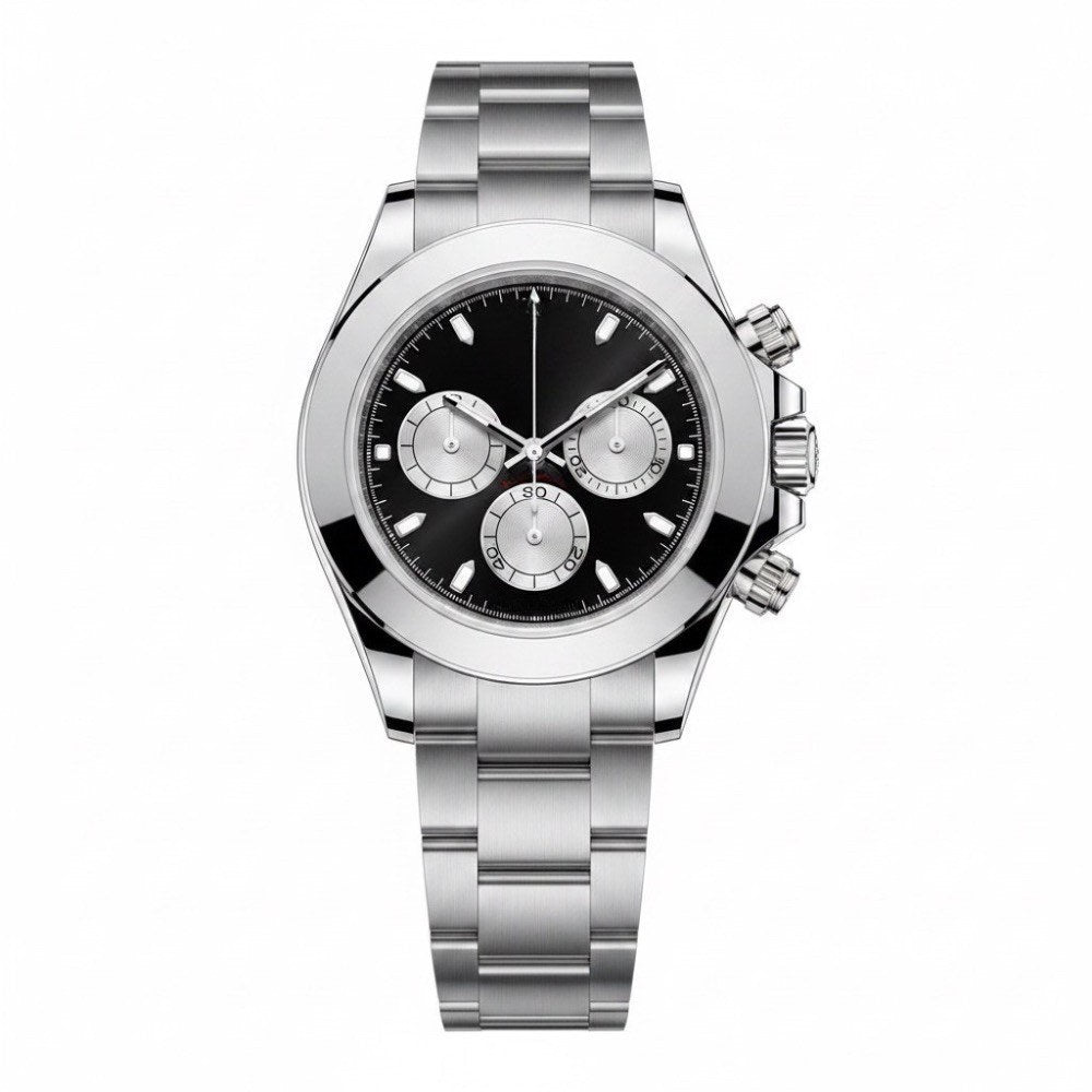 Chronograph, steel, black dial with three silver sub-dials · SF-07