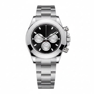 Chronograph, steel, black dial with three silver sub-dials · SF-07