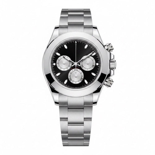 Chronograph, steel, black dial with three silver sub-dials · SF-07