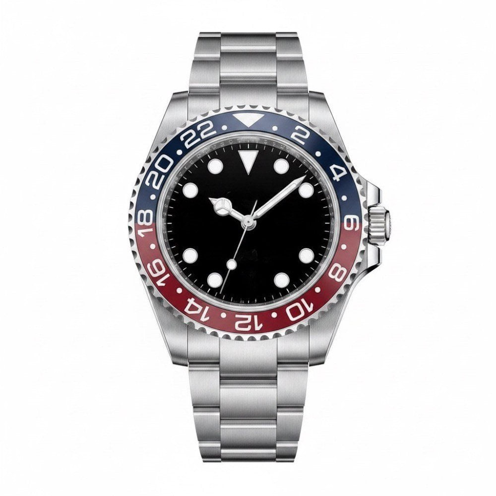 GMT, steel, two-tone blue and red 24-hour bezel, black dial · SF-08