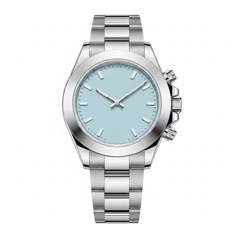 Steel, plain ice-blue dial, case with side pushers · SF-09