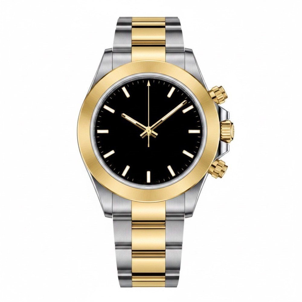 Two-tone steel and gold, gold bezel, black dial with gold accents · SF-10