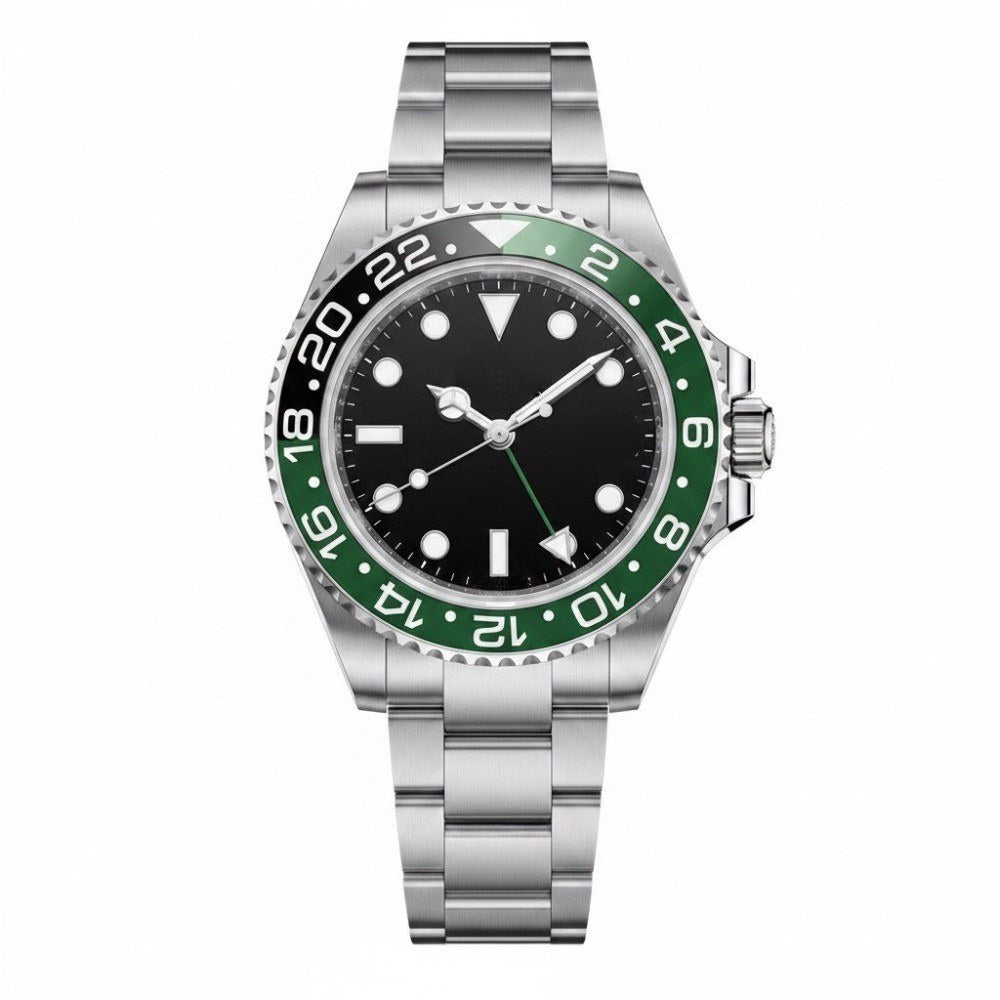 GMT, steel, two-tone green and black 24-hour bezel, green GMT hand · SF-11