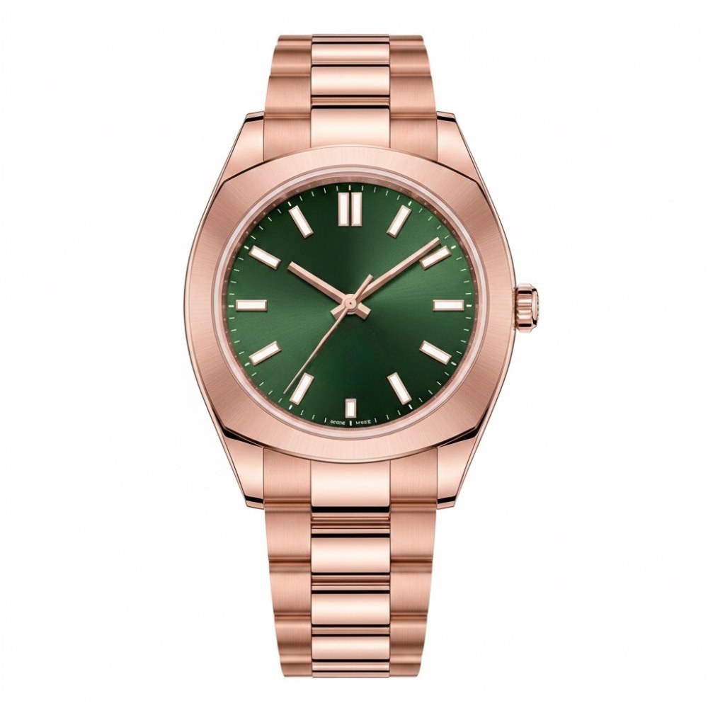 Full rose gold, wide polished bezel, green sunburst dial · SF-17