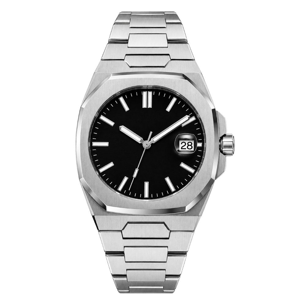 Rounded octagonal case with side ears, steel, black dial, integrated bracelet · SF-18