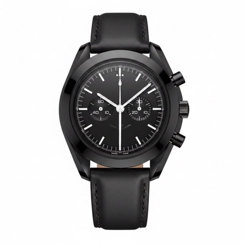All-black chronograph, black leather strap · SF-19
