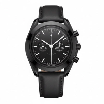 All-black chronograph, black leather strap · SF-19