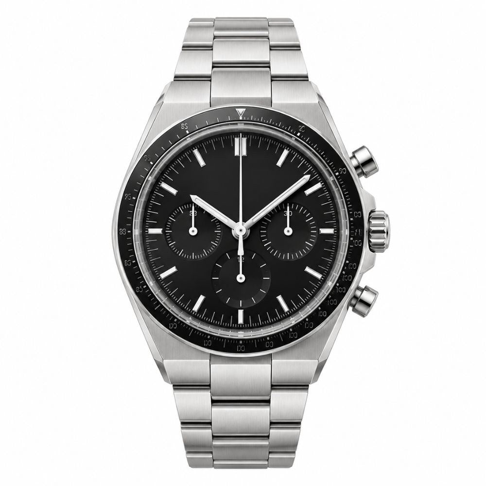 Chronograph, steel, black tachymeter bezel, black dial · SF-21