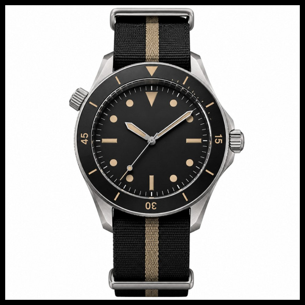 Vintage diver, black dial with cream markers, black NATO strap with beige stripe · SF-22