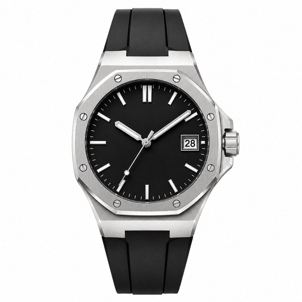 Octagonal case with 8-screw bezel, steel, black dial, black rubber strap · SF-23