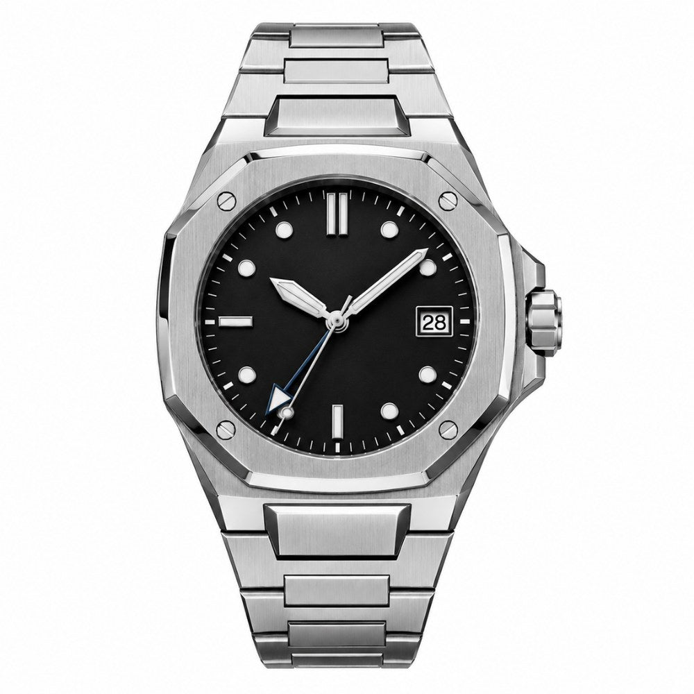 Octagonal with screws, steel, black dial, integrated steel bracelet · SF-24
