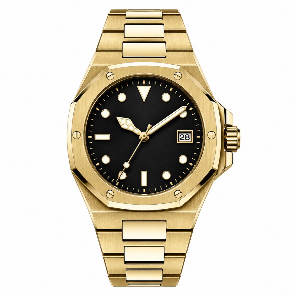 Octagonal with screws, full gold, black dial · SF-25