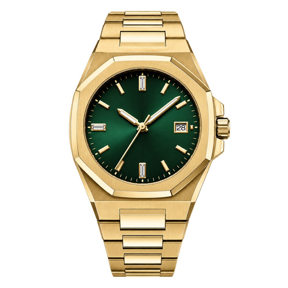 Faceted octagonal, full gold, emerald-green dial with baguette-style markers · SF-26