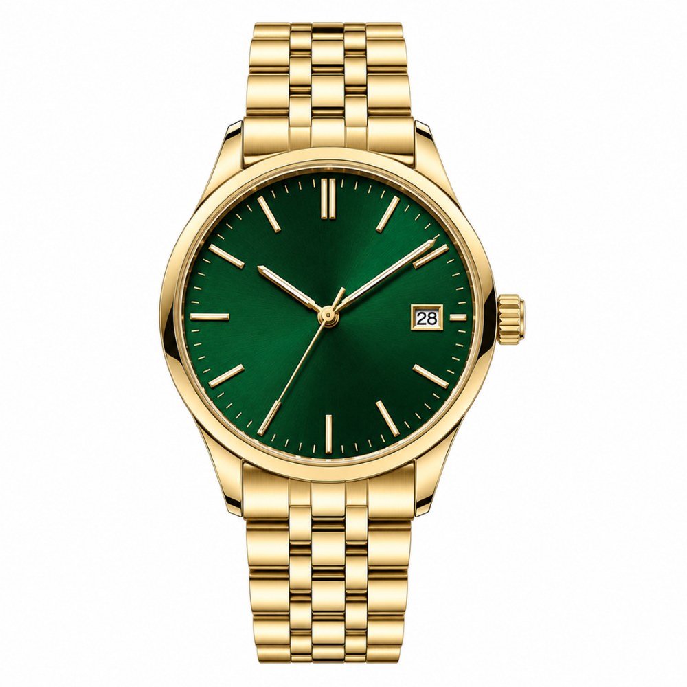 Round dress watch, full gold, green sunburst dial, 5-link bracelet · SF-27