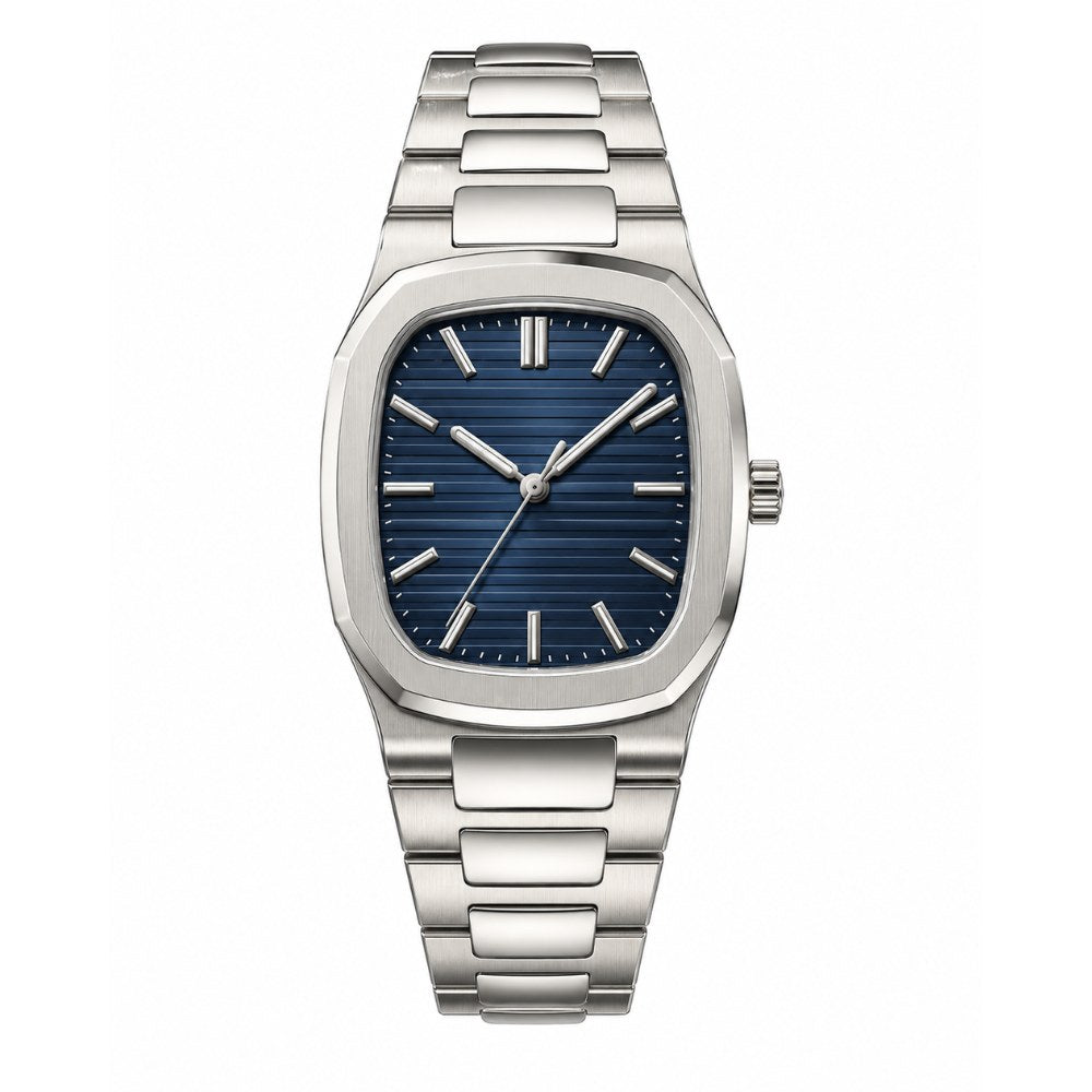 Rounded-square case, steel, navy dial with raised stripes · SF-28