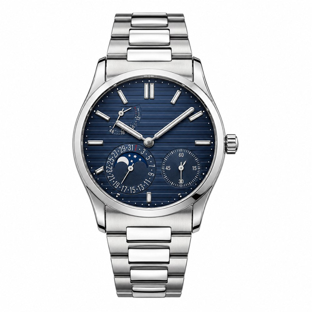 Moon phase and calendar, steel, striped blue dial · SF-29