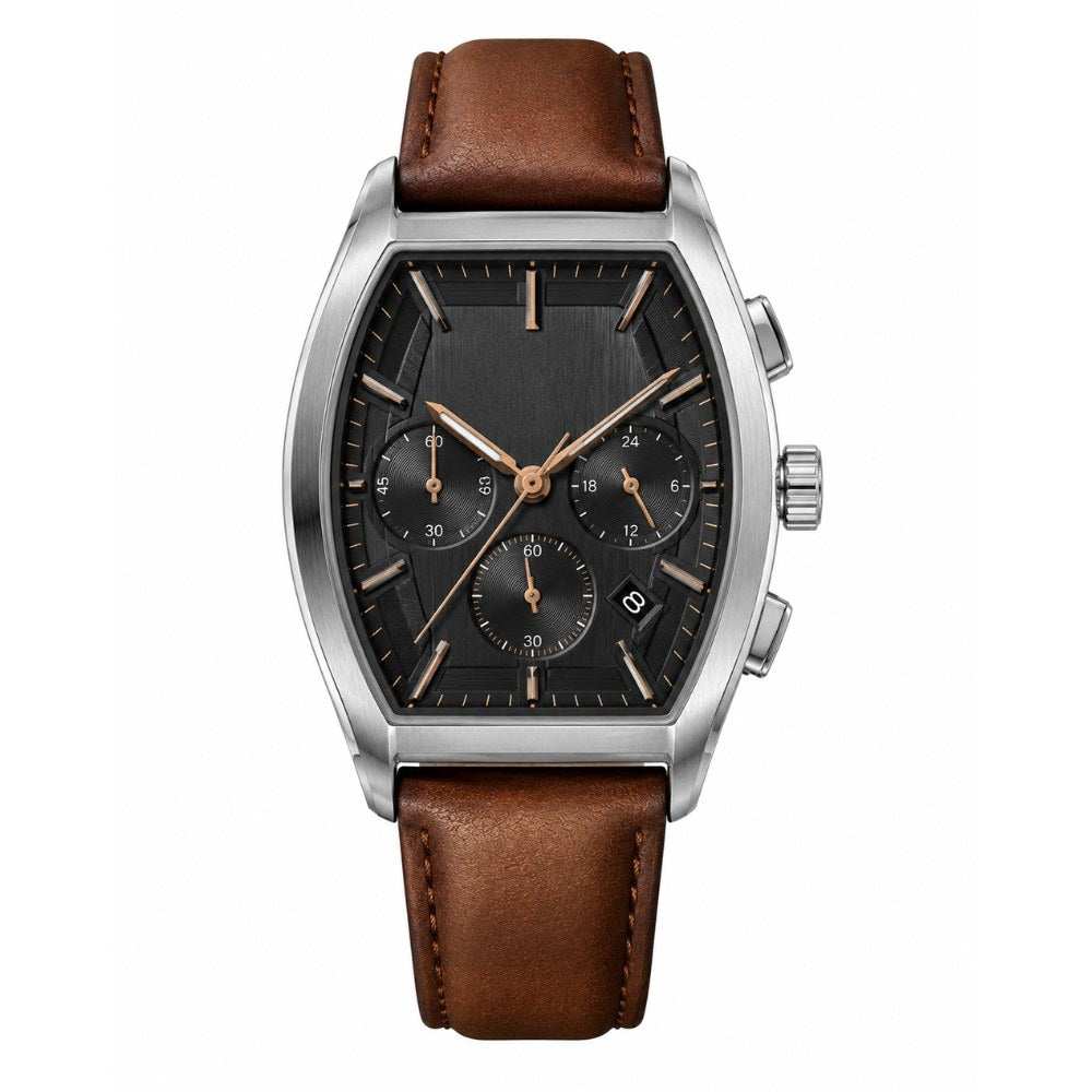 Tonneau case, black chronograph with rose-gold accents, brown leather strap · SF-30