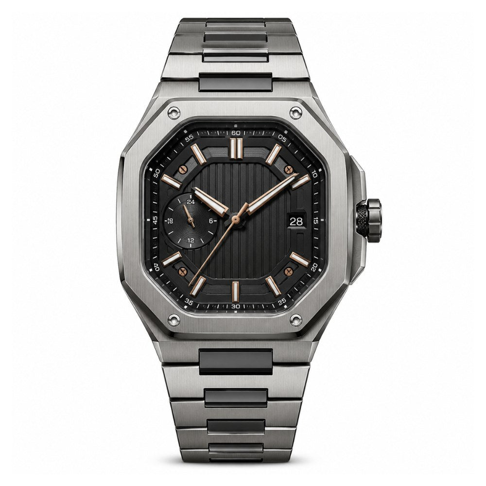 Sporty gunmetal octagonal with crown guard, textured dial, rose-gold accents · SF-31