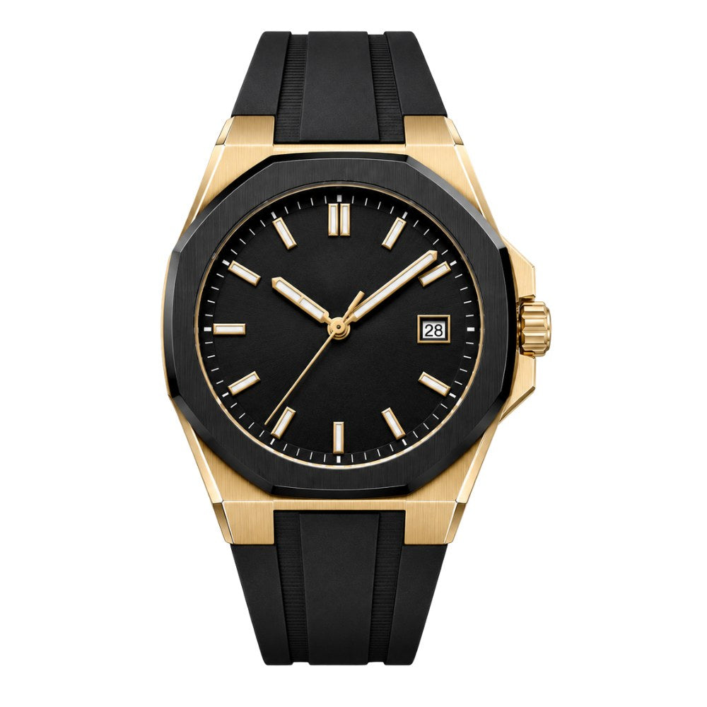 Gold case with black octagonal bezel, black dial, black rubber strap · SF-32