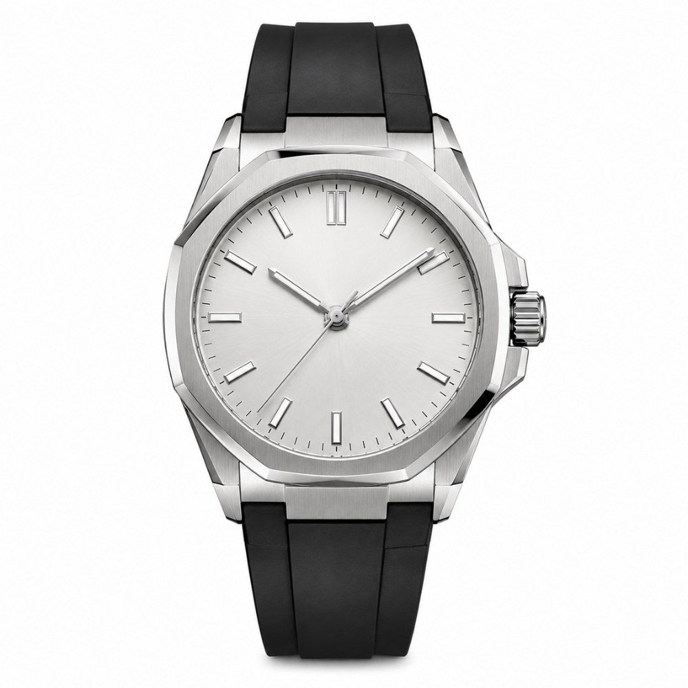 Minimalist, steel, silver-white sunburst dial, black rubber strap · SF-33
