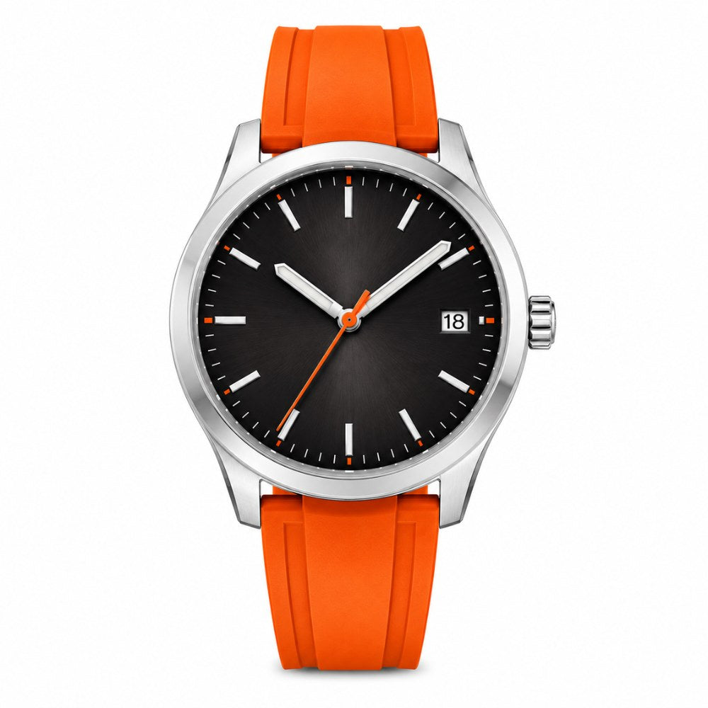 Steel, black gradient dial, orange seconds hand, orange rubber strap · SF-34