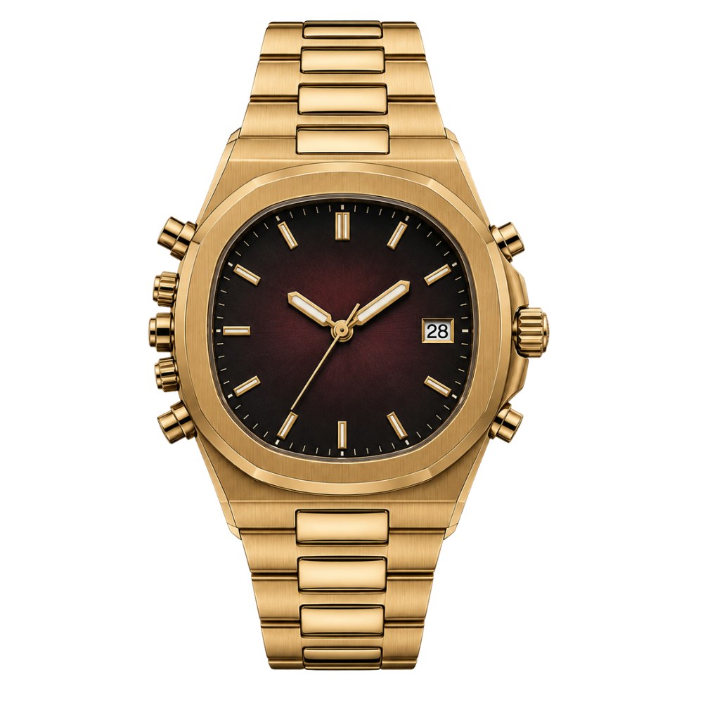 Rounded square with pushers on both sides, full gold, wine gradient dial · SF-36