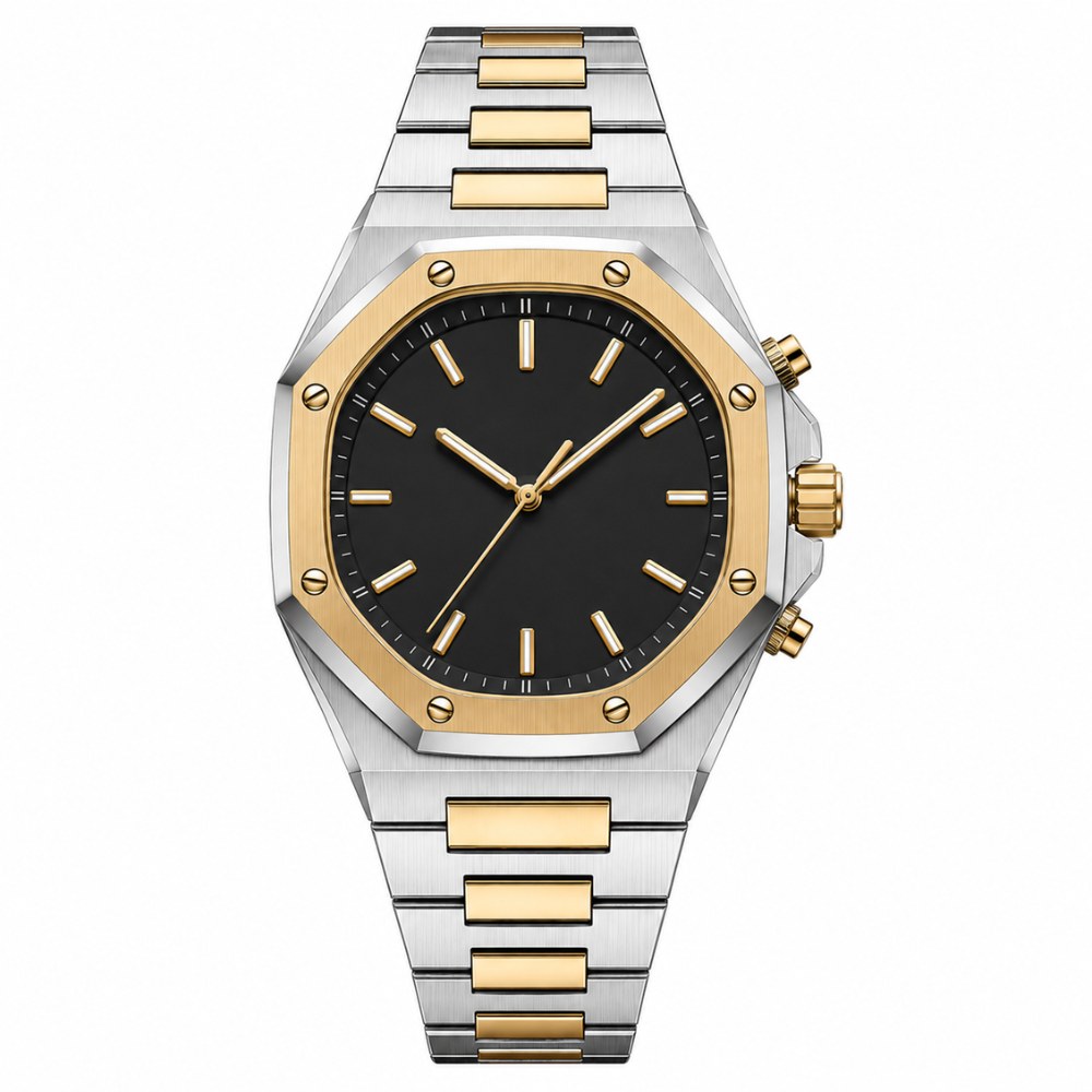 Two-tone, gold octagonal bezel with screws, black dial · SF-37
