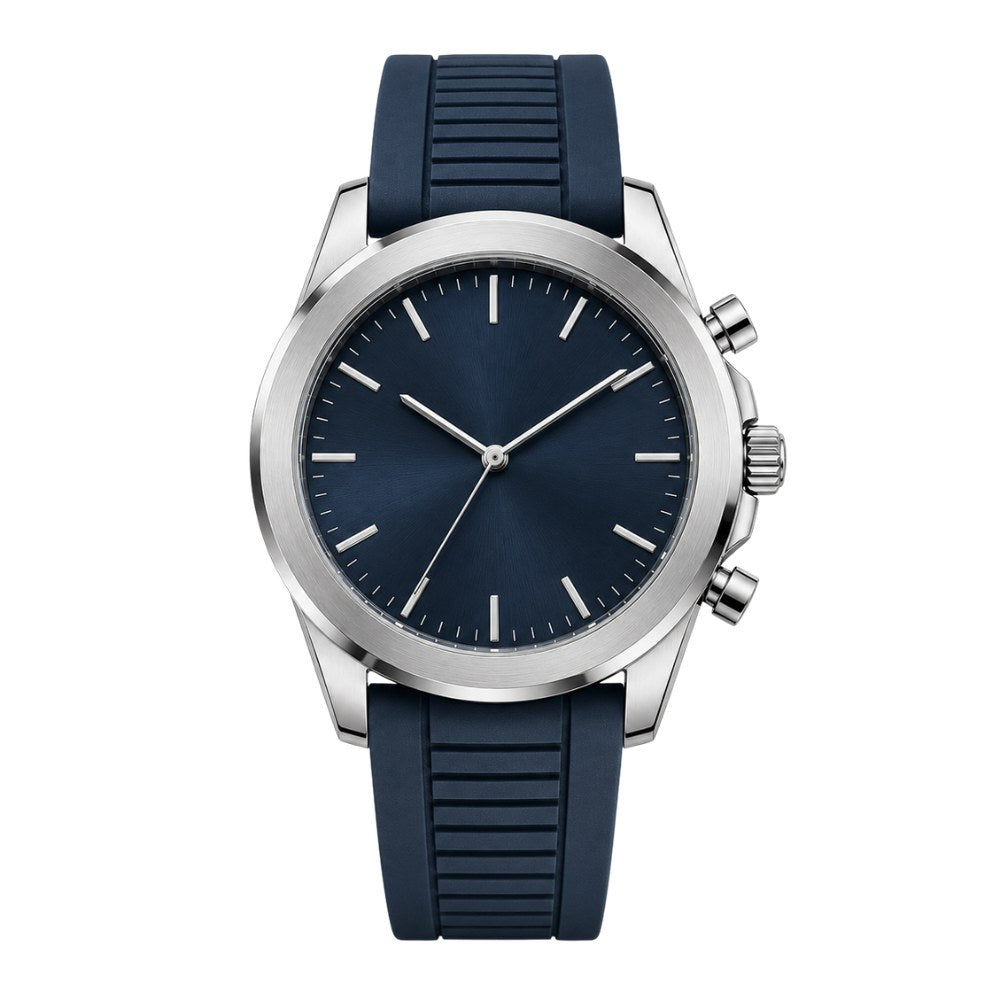 Round, steel, navy sunburst dial, navy rubber strap · SF-39