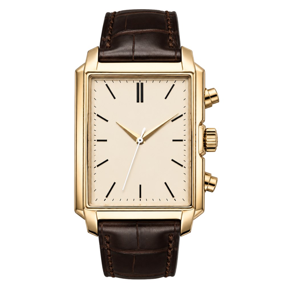 Rectangular gold case, cream champagne dial, croco-textured brown leather strap · SF-42