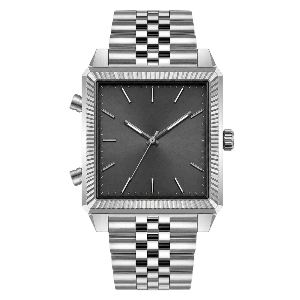 Square case with fluted sides, steel, graphite dial, 5-link bracelet · SF-43